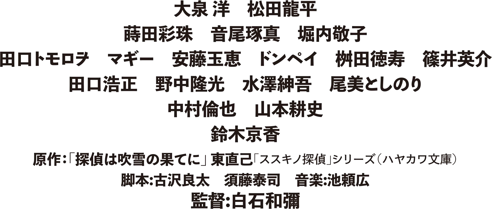出演：大泉洋、松田龍平、鈴木京香。原作：「探偵は吹雪の果てに」東直己（「ススキノ探偵」シリーズ、ハヤカワ文庫）。脚本：古沢良太、須藤泰司。音楽：池瀬広。監督：白石和彌。